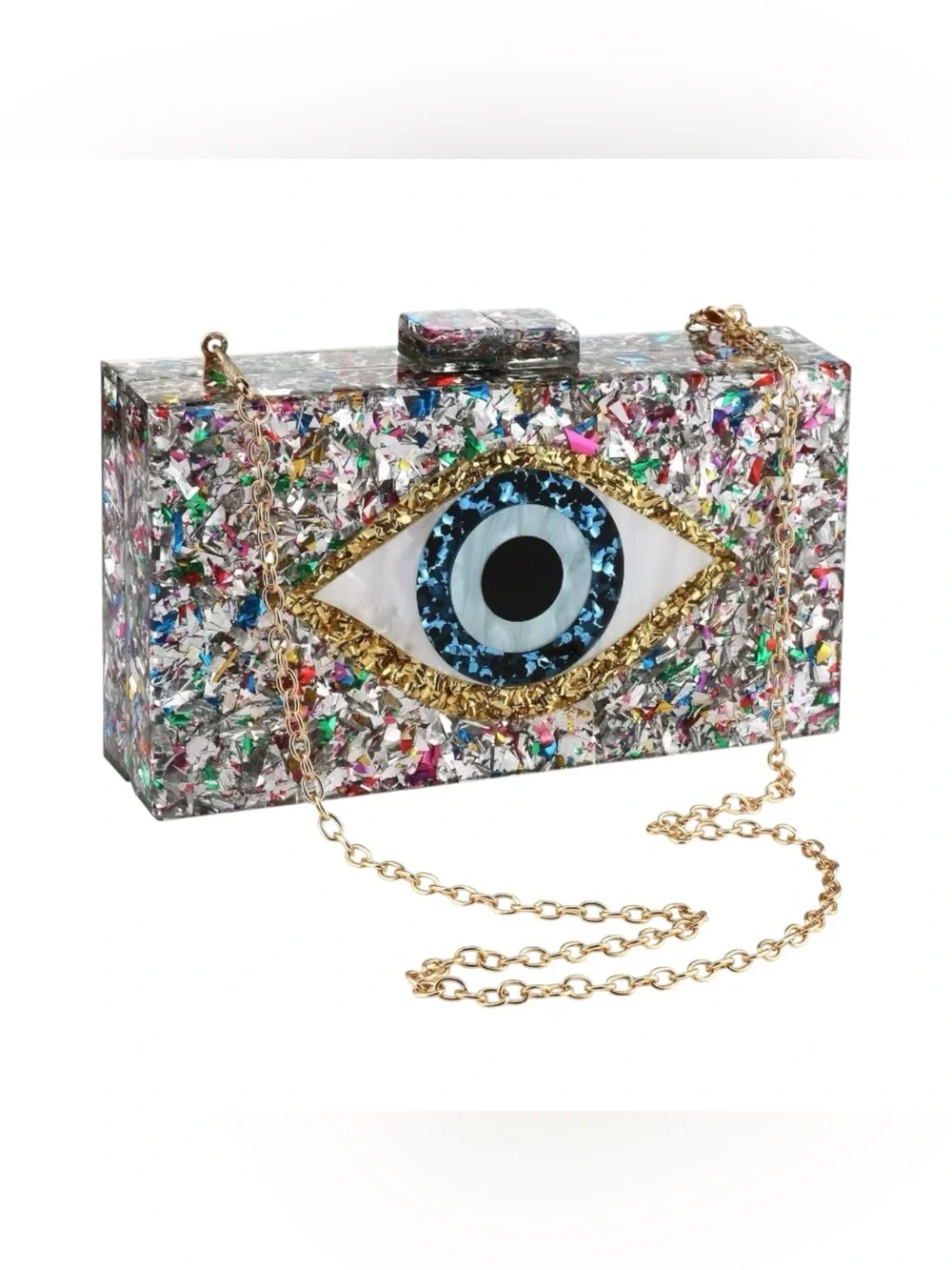 CITY ONE SILVER MULTICOLOR GLITTER EVIL EYE CLUTCH CROSSBODY BAG